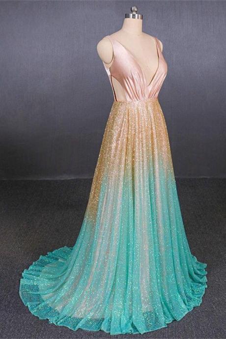 Open Back V Neck Ombre Sequin Prom Dresses Formal Evening Dress Party Gowns ,pl0322