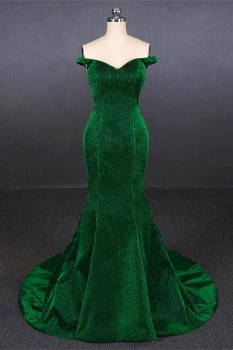 Elegant Off the Shoulder Mermaid Green Shiny Fabric Prom Dresses Formal Evening Dress Party,PL0323