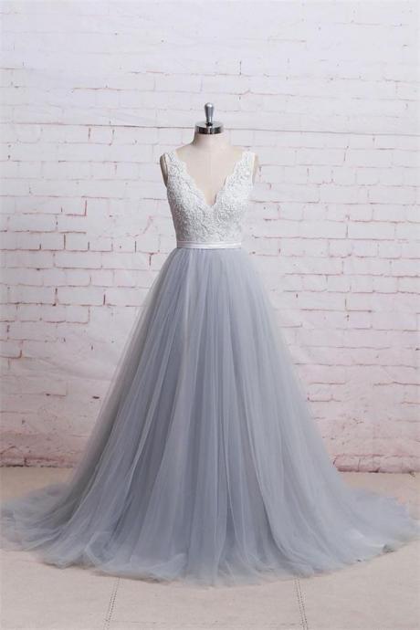 A Line V Neck White Lace Grey Blue Tulle Prom Dresses Formal Evening Dress Party Gowns,pl0325