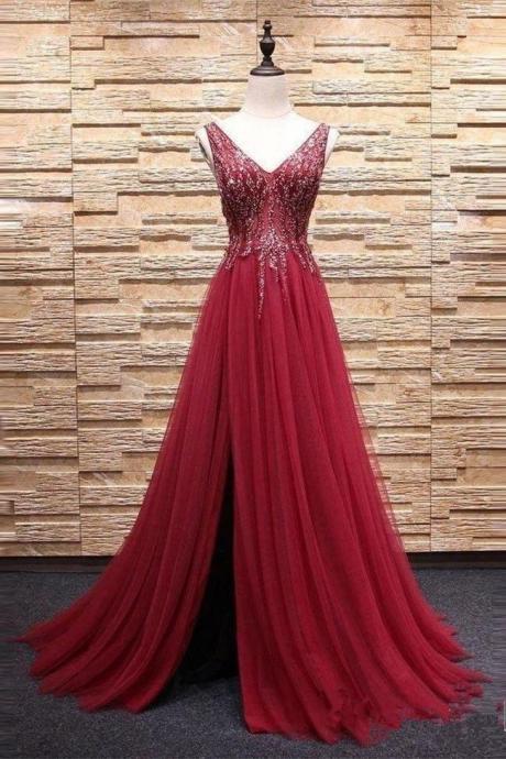 Top See Through V Neck Burgundy Beaded Long Prom Dresses Formal Evening Dress Party Gowns,pl0327