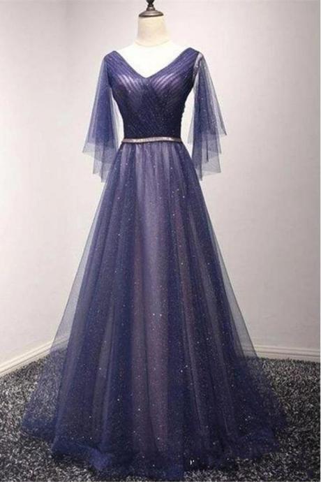 Fashion Real Photo A Line V Neck Long Sleeves Prom Dresses Formal Evening Dress Party Gowns ,pl0331