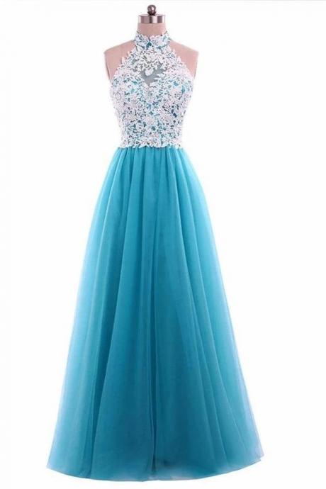 A Line Halter White Lace Mint Tulle Long Prom Dresses Formal Evening Dress Party Gowns ,pl0333