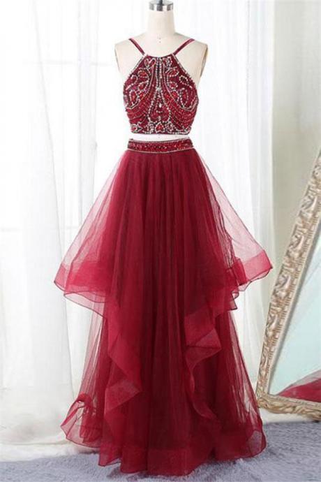 Two Piece Open Back Burgundy Beaded Tiered Skirt Prom Dresses Formal Evening Party Dress,pl0334