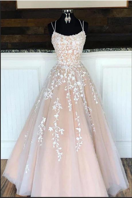 A Line Spaghetti Straps Open Back Lace Long Prom Dresses Formal Evening Dress Party Gowns,pl0335