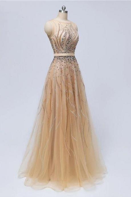 2020 A Line Tulle Beaded See Through Long Prom Dresses Formal Evening Dress Party Gowns,pl0336