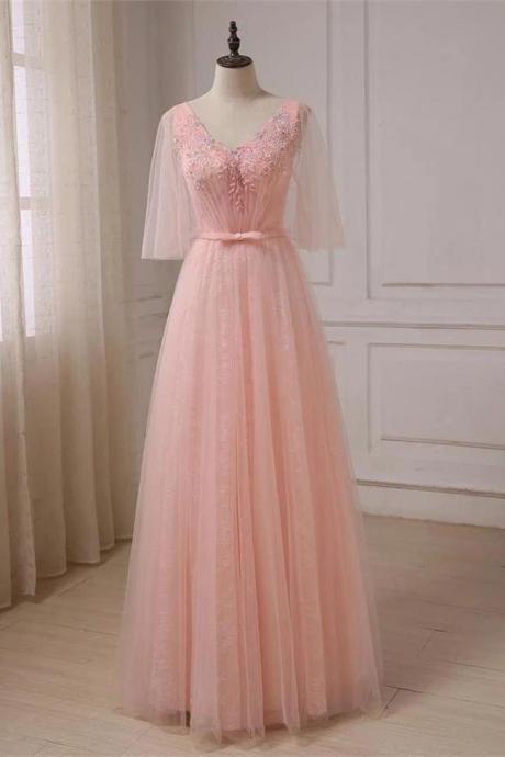 2020 Light Pink Applique Half Sleeves Long Prom Dresses Formal Evening Dress Party Gown,pl0339