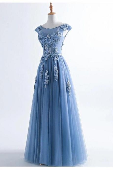 Fashion Blue Lace Appliques Cap Sleeves Long Prom Dresses Formal Evening Dress Party Gowns ,pl0340