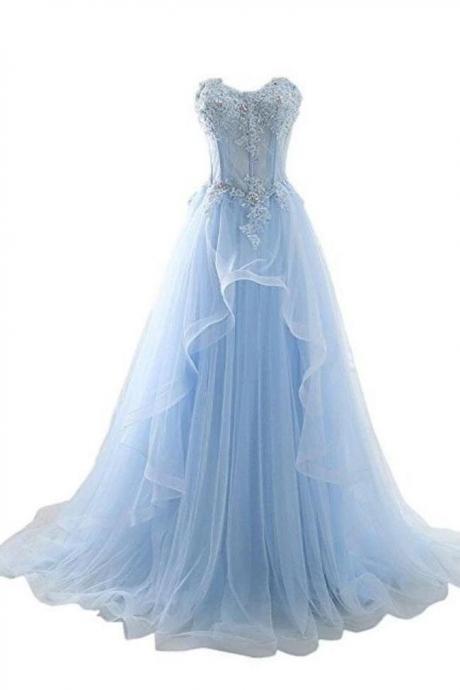 Real Picture Light Blue Lace Appliques High Low Prom Dresses Formal Evening Dress Party Gown ,pl0342