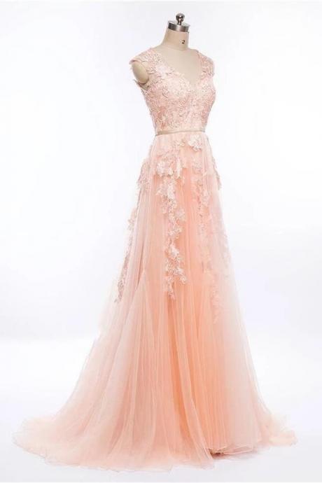 Fashion Light Pink Lace Appliques Tulle Long Prom Dresses Formal Evening Dress Party Gowns,pl0343