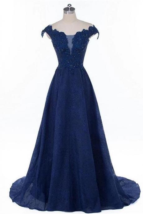A Line Cap Sleeves Dark Blue Beaded Lace Long Prom Dresses Formal Grad Dress Evening Gowns,pl0344