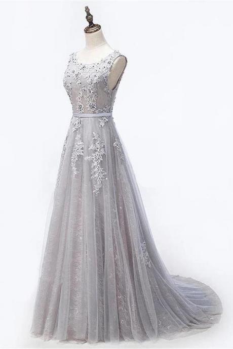 Real Picture Open Back Grey Lace Tulle Long Prom Dresses Formal Grad Dress Evening Gowns,pl0346