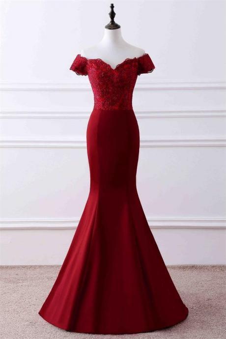Short Sleeves Lace Red Mermaid Off The Shoulder Lace Prom Dresses Formal Dress Evening Gowns,pl0347