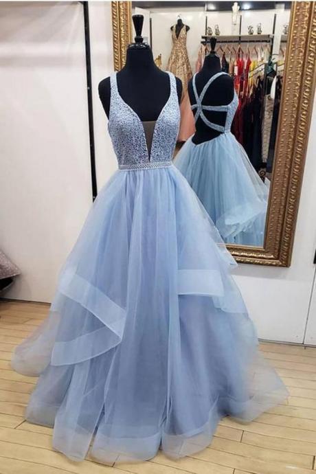 High Low Tiered Deep V Neck Blue Backless Prom Dresses Formal Evening Gowns Grad Dress,pl0348