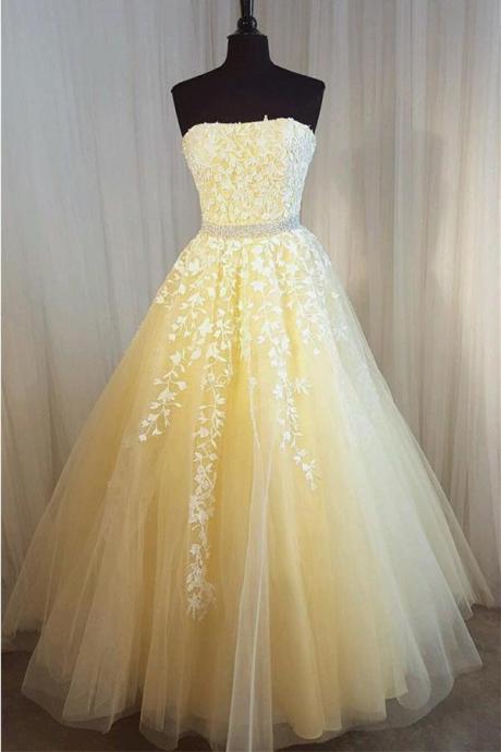 Ball Gown Strapless Lace Appliques Yellow Long Prom Dresses Formal Evening Grad Dress ,pl0349