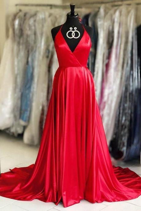 Simple Spaghetti Straps V Neck Red Satin Prom Dresses Formal Evening Dress Party Gown,pl0352