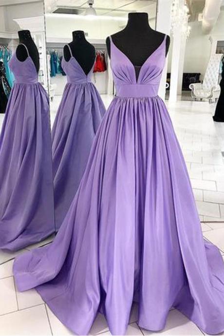 Elegant Spaghetti Straps Purple V Neck Backless Prom Dresses Formal Evening Dress Party Gown,pl0353