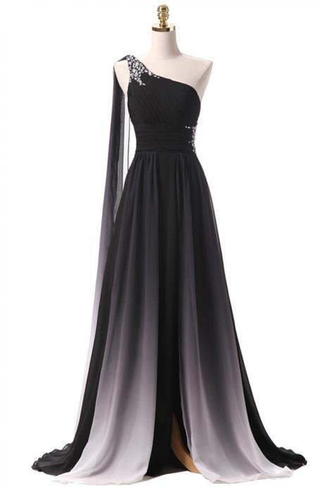 Black Ombre Chiffon One Shoulder Long Prom Dresses Formal Fancy Evening Bridesmaid Dress,pl0355