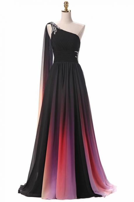 A Line One Shoulder Ombre Chiffon Open Back Long Prom Dresses Formal Fancy Evening Dress,pl0356