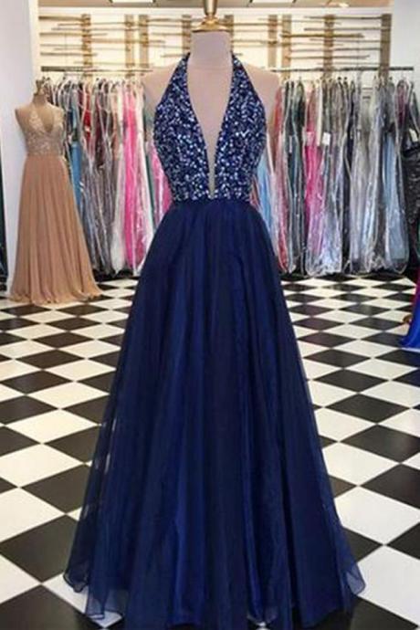 Navy Blue Tulle Halter Deep V Neck Beaded Long Prom Dresses Formal Fancy Evening Dress,pl0359
