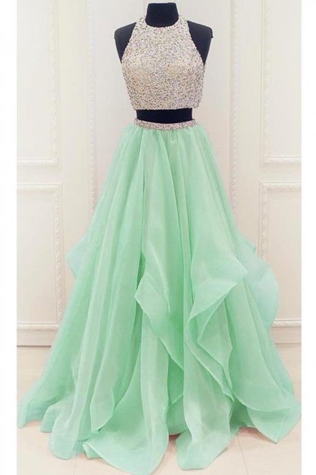 Fashion Mint Organza Beaded Two Piece High Low Long Prom Dresses Formal Grad Evening Dress,pl0360