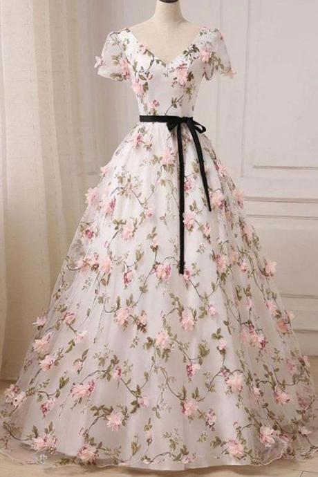 3d Floral Short Sleeves V Neck A Line Ivory Long Prom Dresses Formal Evening Gowns Dress,pl0361