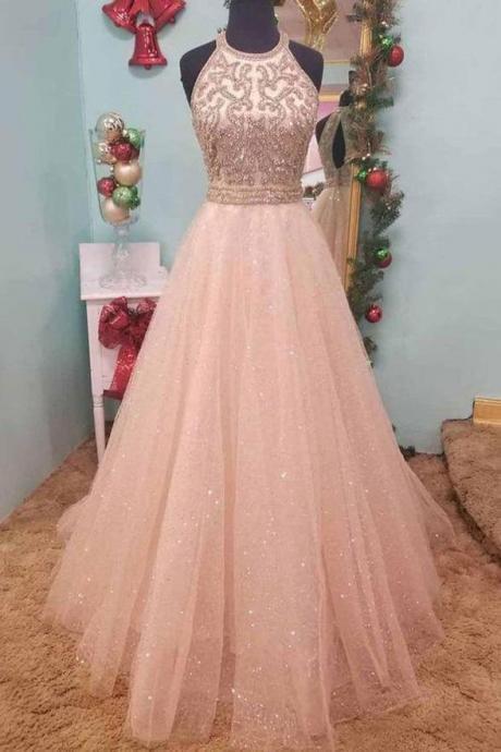 Halter A Line High Neck Beaded Pink Long Prom Dresses Formal Fancy Gowns Evening Dress,pl0362