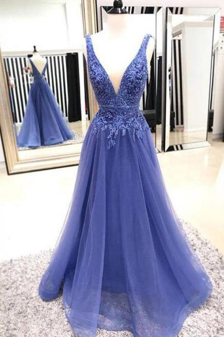 Fashion A Line V Neck Lace Appliques Blue Long Prom Dresses Formal Fancy Evening Dress,pl0363