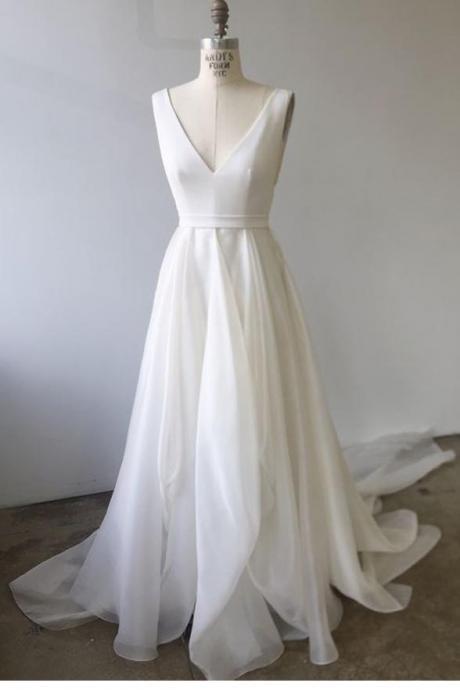 Elegant A Line V Neck Ivory Open Back High Low Wedding Dresses Formal Prom Dress ,pl0366