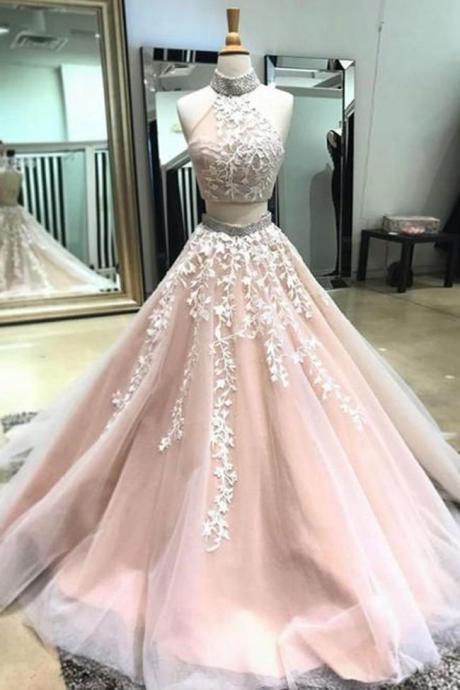 Two Piece Halter Backless White Lace Pink Long Formal Prom Dresses Evening Grad Dress,pl0369
