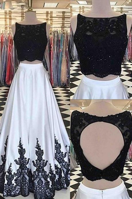Two Piece Open Back Black Lace White Satin Prom Dresses Formal Evening Grad Dress ,pl0372