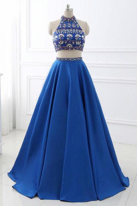 Two Piece High Neck Royal Blue Backless Crystal Long Prom Dresses Formal Evening Grad Dress,pl0374