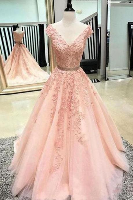 A Line Cap Sleeves Lace V Neck Flesh Pink Prom Dresses Formal Evening Grad Gown Dress,PL0376