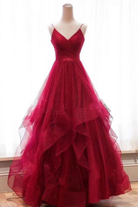 Fashion V Neck High Low Red Tulle Tiered Prom Dresses Formal Evening Grad Gown Dress,pl0377