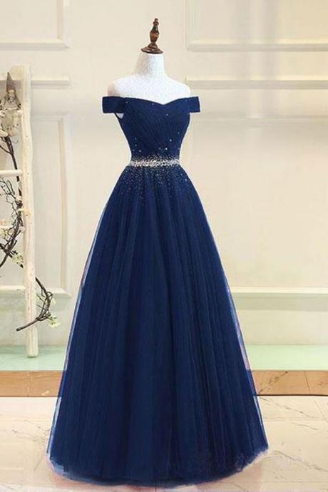 Fashion Navy Blue Tulle Off The Shoulder Beaded Long Prom Dresses Formal Evening Grad Dress,pl0378
