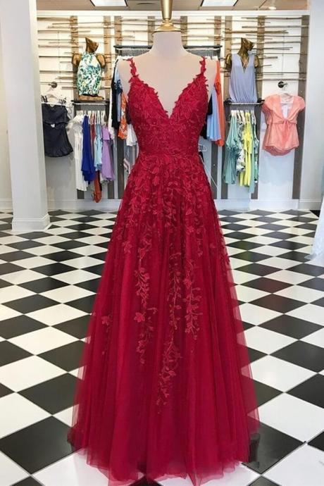 Charming A Line Lace Burgundy V Neck Long Prom Dress Formal Evening Party Dresses,pl0383