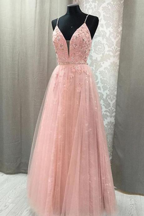 Fashion V Neck Open Back Flesh Pink Lace Long Formal Prom Dress Evening Party Grad Dresses,PL0384