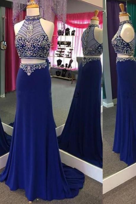 Two Piece Royal Blue See Through Beaded Mermaid Prom Dresses Formal Evening Fancy Dress,pl0385
