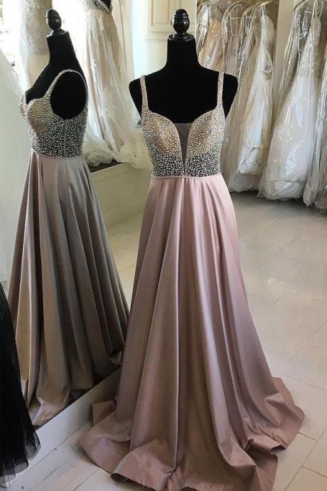 Fashion A Line Deep V Neck Beaded Straps Long Prom Dresses Formal Evening Fancy Dress,pl0386