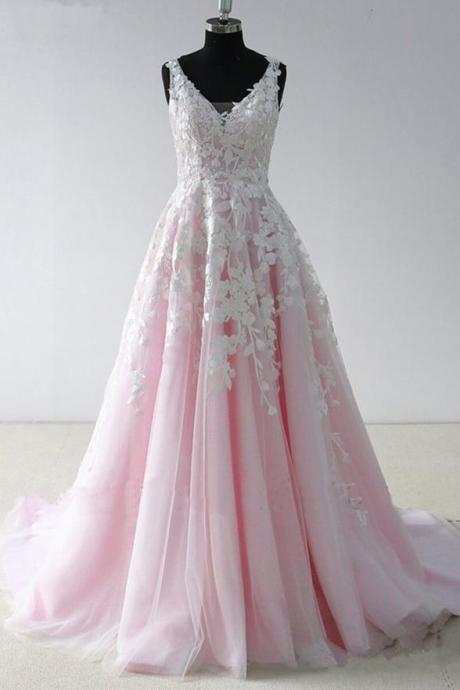 A Line Princess Lace V Neck Open Back Pink Wedding Prom Dresses Formal Dress,pl0392