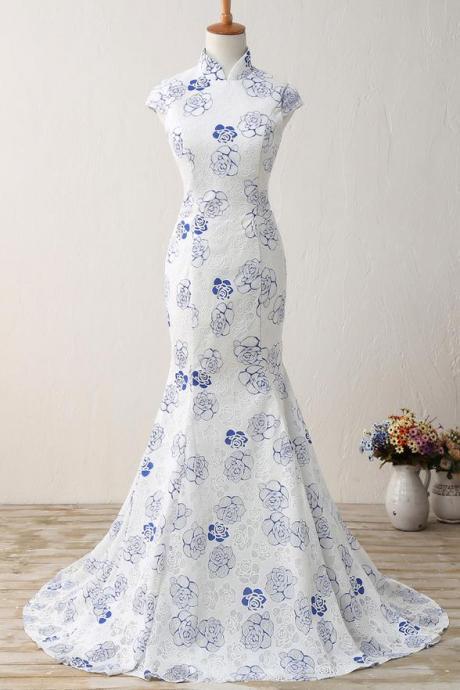 New Arrival High Neck Printing Flowers Mermaid White Prom Dresses Evening Formal Dress,PL0400