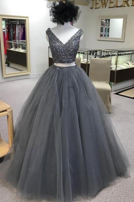 2 Pieces Ball Gown Prom Dresses Beaded Grey Tulle V Neck Long Quinceanera Dress,pl0401