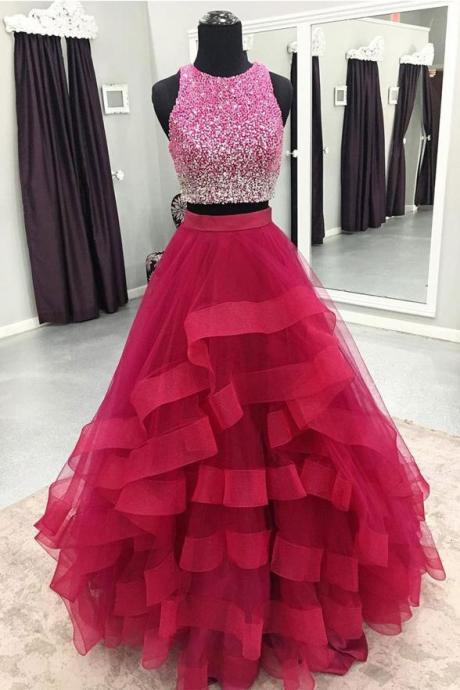 Fashion Two Pieces Beaded Bodice Tiered Skirt Prom Dresses Evening Gowns Formal Dress,pl0402