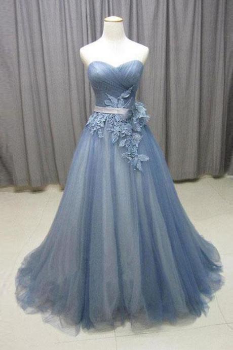 Real Picture A Line Dusty Blue Tulle Appliques Prom Dresses Evening Formal Dress,pl0404
