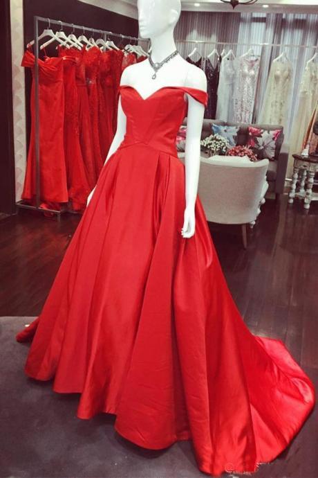 Long A Line Off The Shoulder Red Satin Prom Dresses Evening Gown Party Dress,pl0405