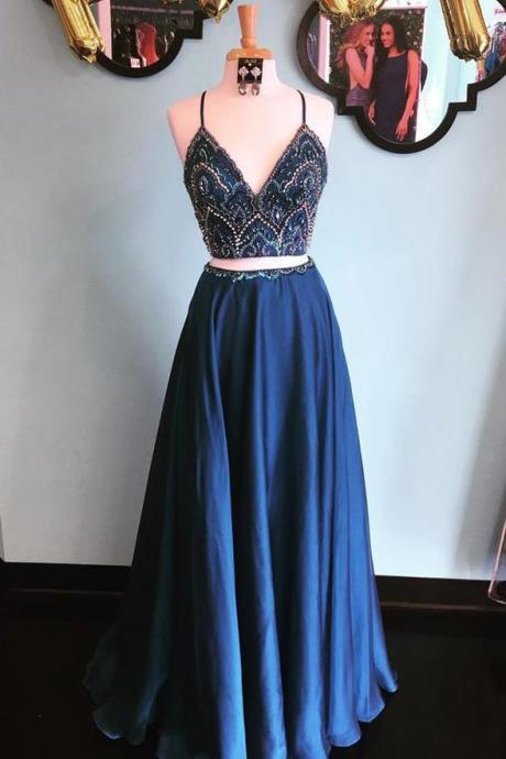 Two Pieces Spaghetti Straps Navy Blue V Neck Beaded Prom Dresses Formal Party Dress ,pl0406