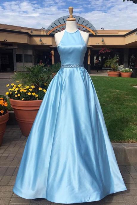 A Line Light Blue Satin Halter Long Prom Dresses Evening Gown Formal Dress,pl0407