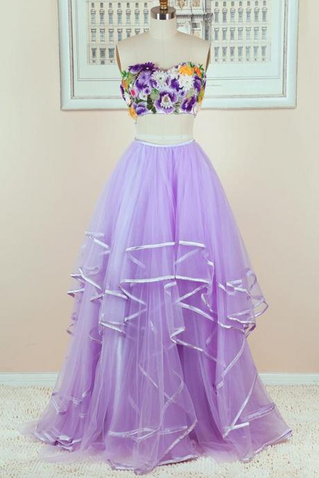 2021 Dark Lilac Tiered Skirt 2 Pieces Prom Dresses Evening Formal Woman Dress,pl0408