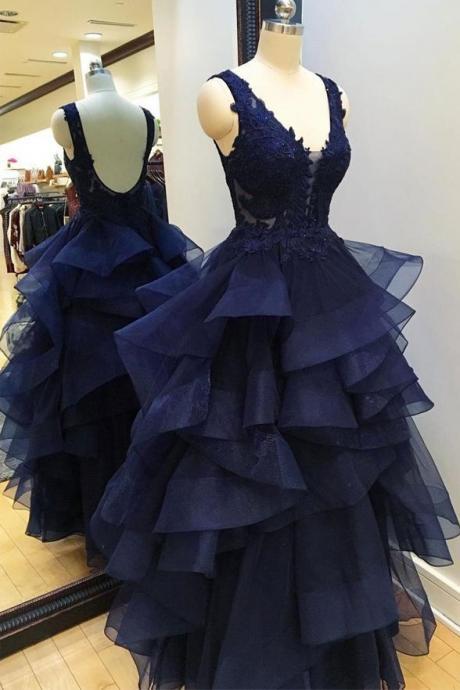 Hi-lo Tiered Skirt V Neck Navy Blue Backless Prom Dresses Evening Gowns Dress ,pl0409