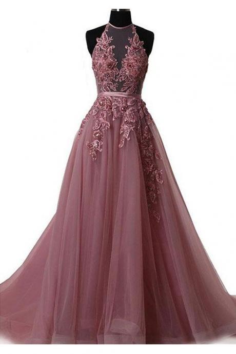 2020 Hater Backless Lace Appliques A Line Long Prom Dresses Evening Party Dress,pl0410