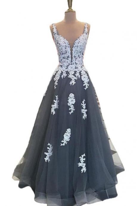 Deep V Neck Off The Shoulder Grey Tulle White Lace Prom Dresses Evening Party Dress,pl0412